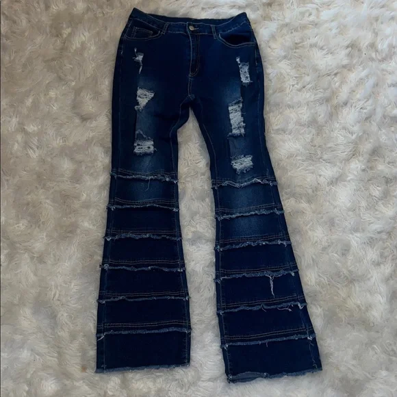 Dark Blue Ripped Flare Jeans with Layered Frayed Panels - Picture 1 of 3